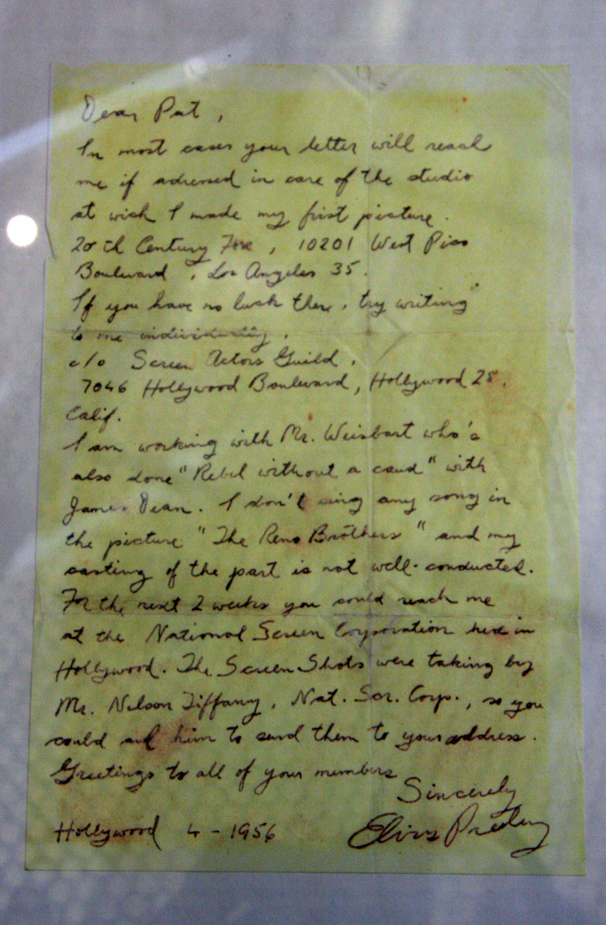 Diesen Brief schrieb Elvis im April 1956 an den Leiter eines Fanclubs
