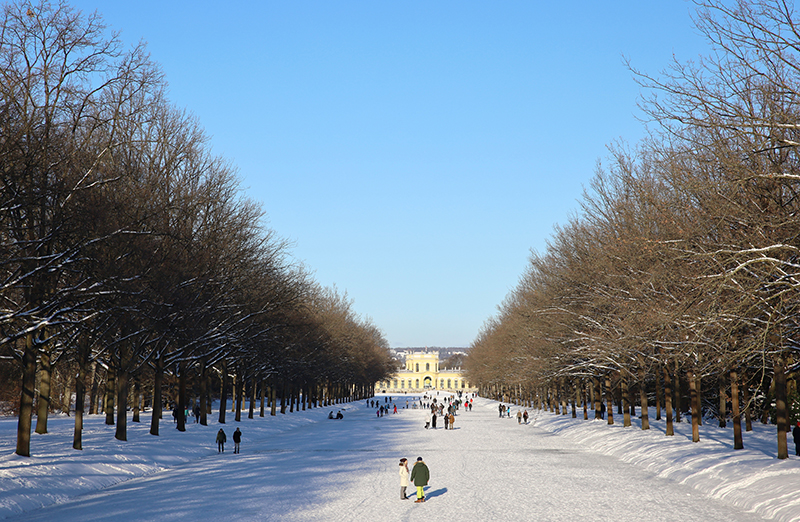 Der zugefrorene KÃ¼chengraben mit Blick auf die Orangerie
